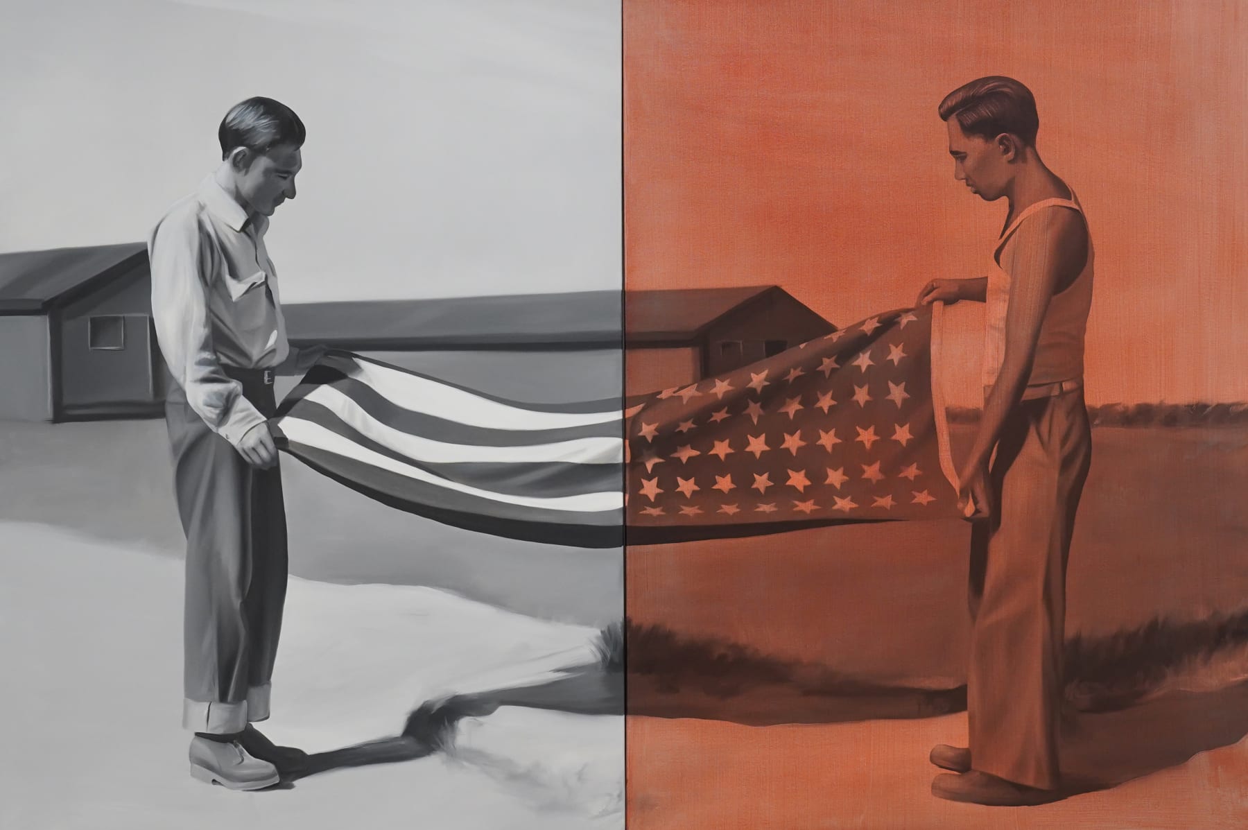 black and white painting of two men folding a flag. Half the painting is washed in red