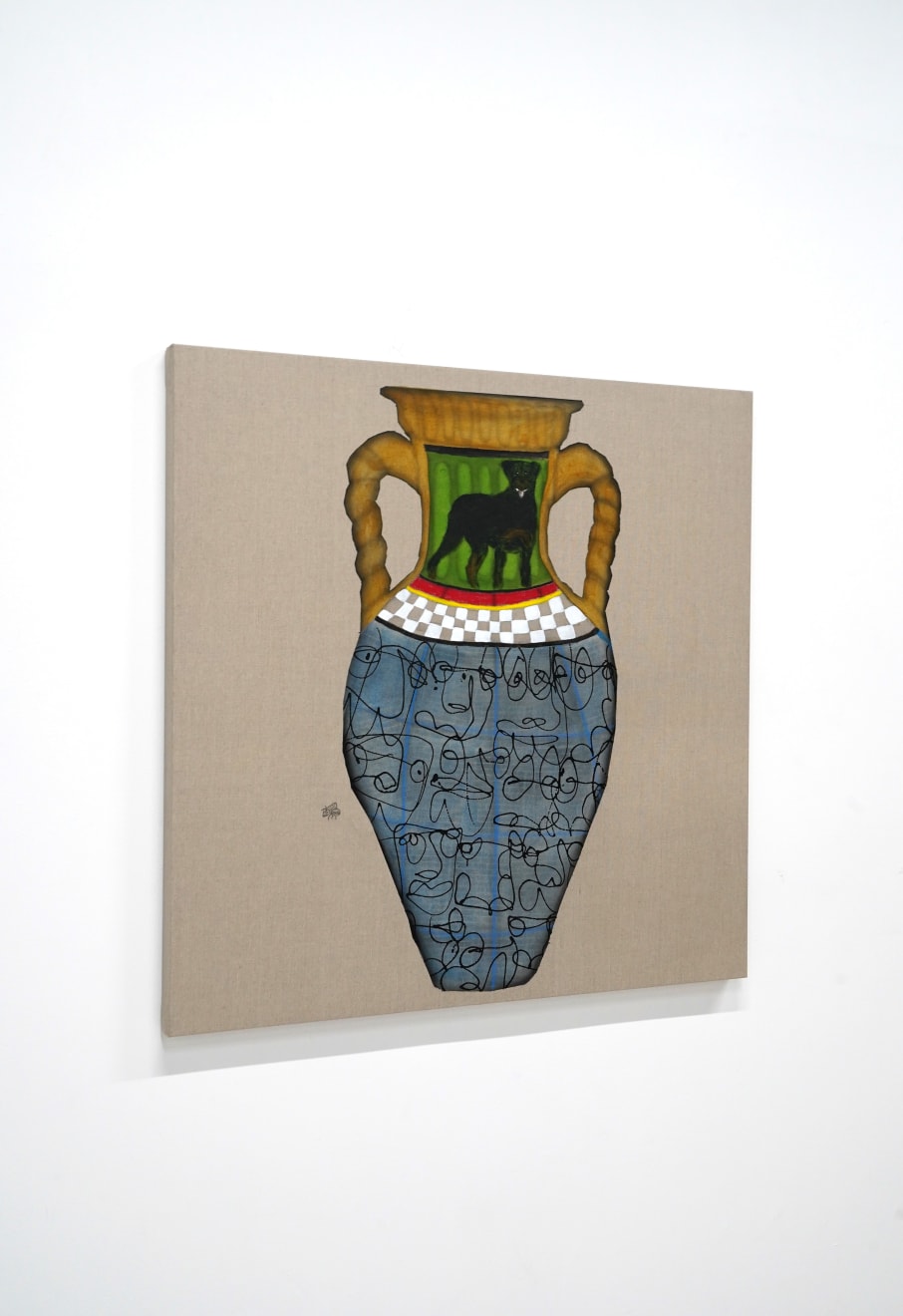 painting of a vase with a black dog on it