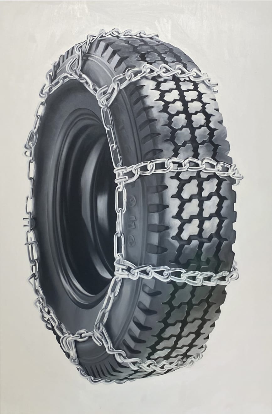 black and white painting of a tire with chains on it