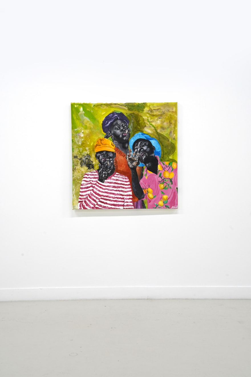 painting of three men in colorful shirts smoking a cigar