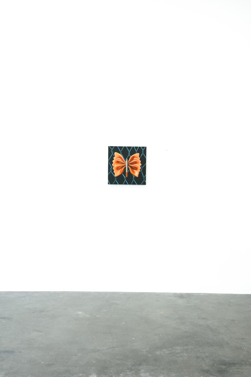 painting of a pasta bowtie with a cigarette in the middle