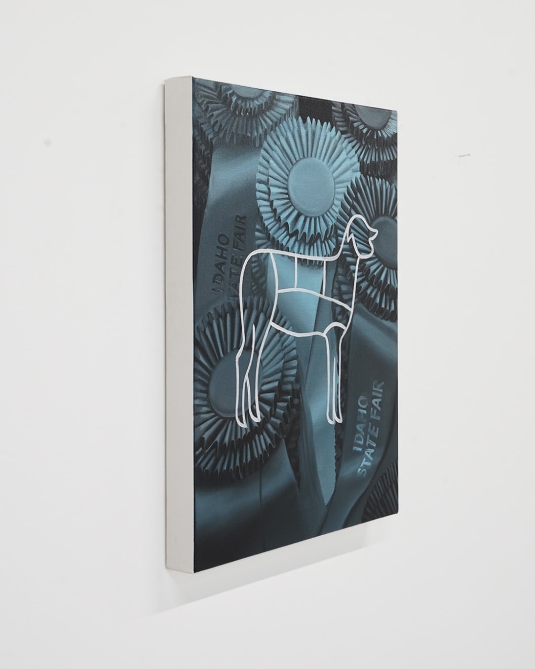 painting of an outline of a dog superimposed on winning dog show ribbons in blue