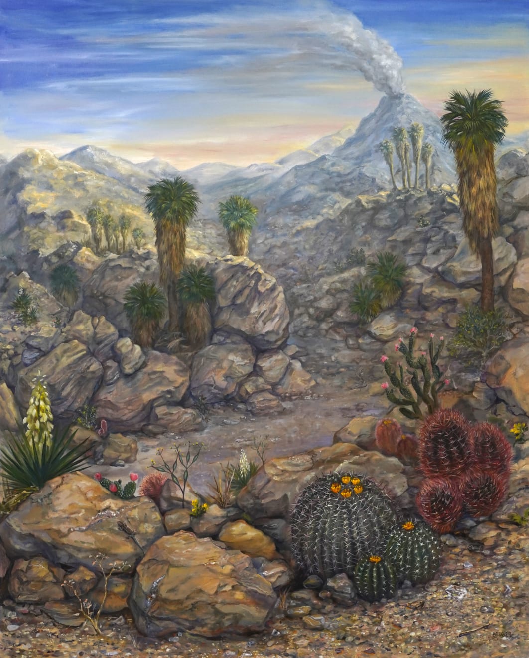 realistic painting of a desert landscape with a volcano