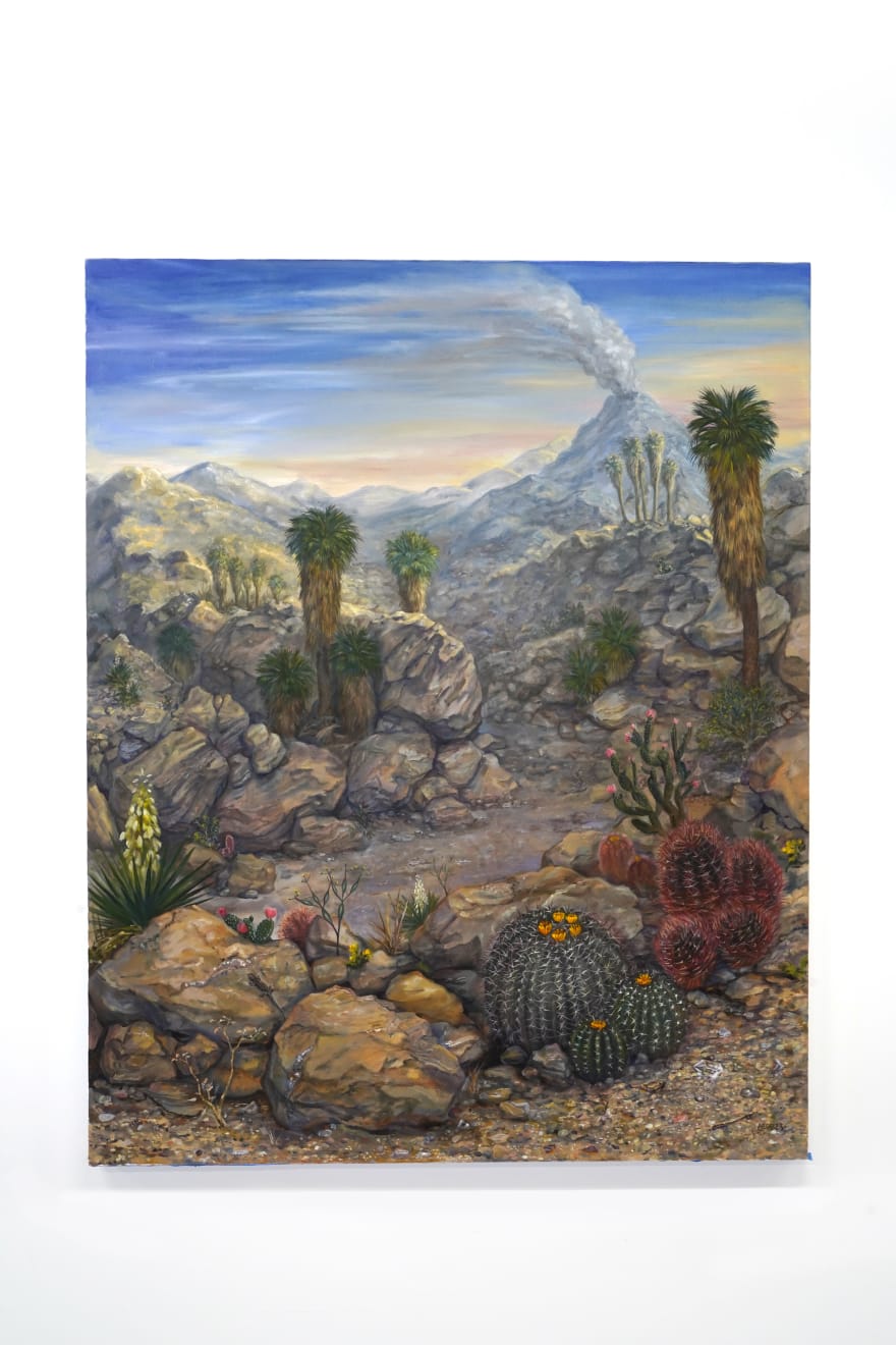 realistic painting of a desert landscape with a volcano