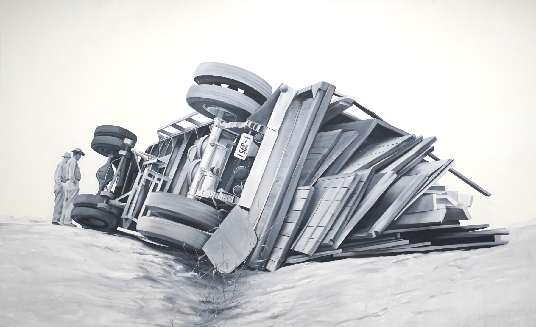 black and white painting of a truck toppled over on a road