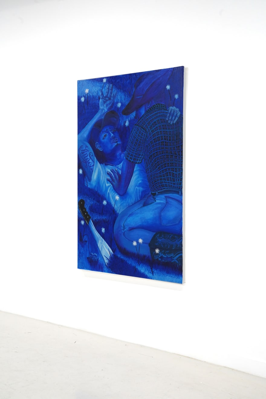 monochromatic blue painting of two men straddling each other in the grass