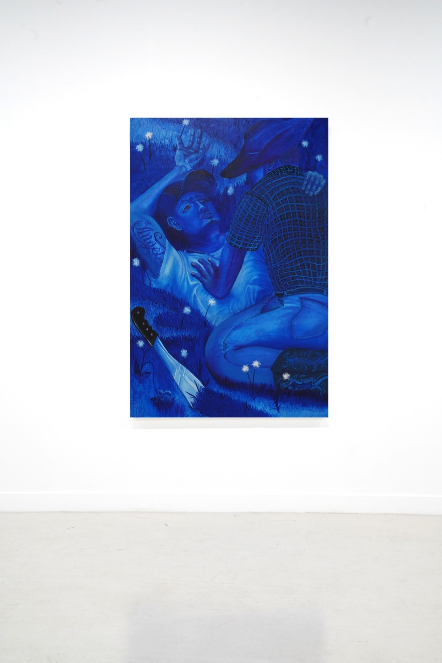 monochromatic blue painting of two men straddling each other in the grass