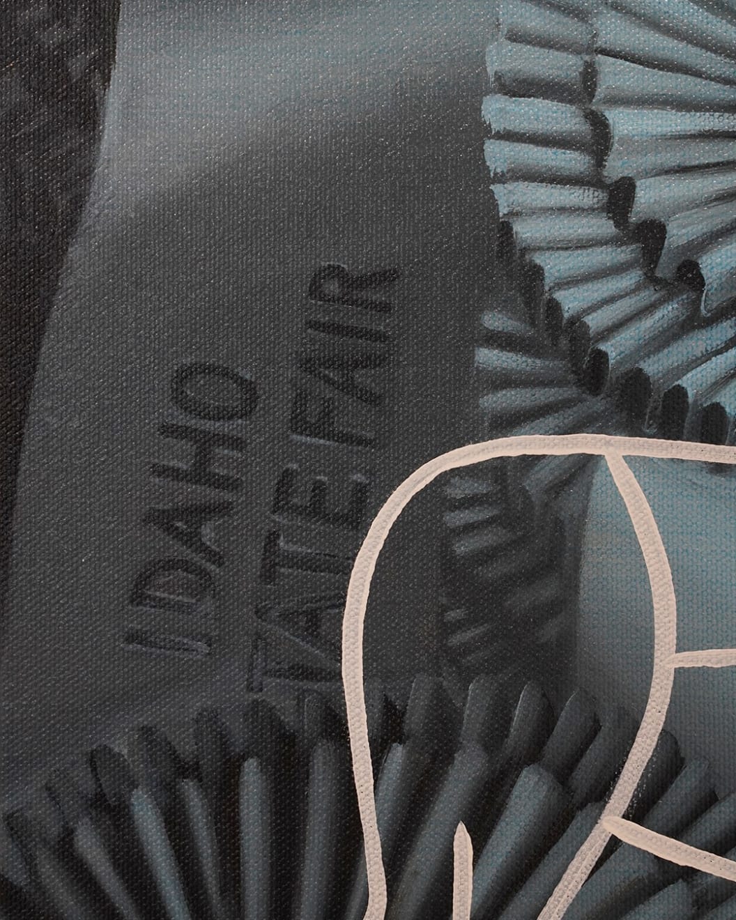 painting of an outline of a dog superimposed on winning dog show ribbons in blue