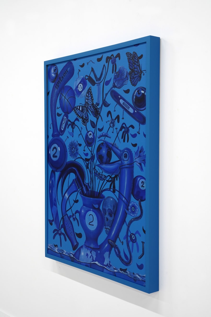 blue monochromatic painting of a collage of summer objexts by devin liston