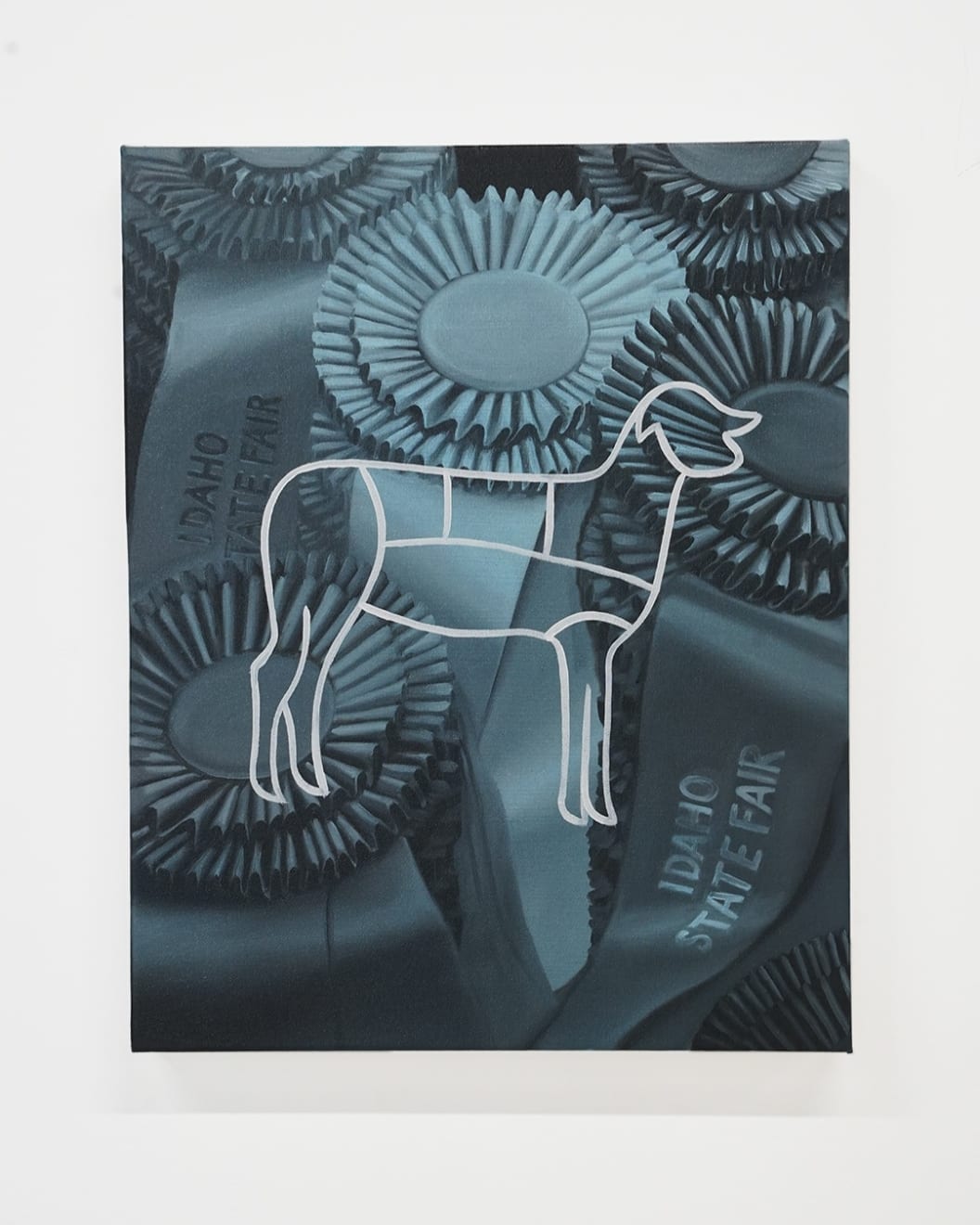 painting of an outline of a dog superimposed on winning dog show ribbons in blue