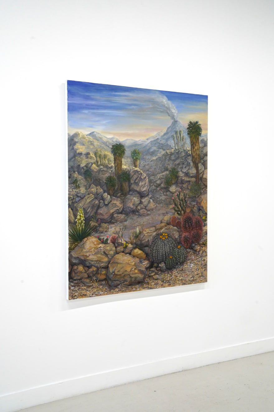 realistic painting of a desert landscape with a volcano