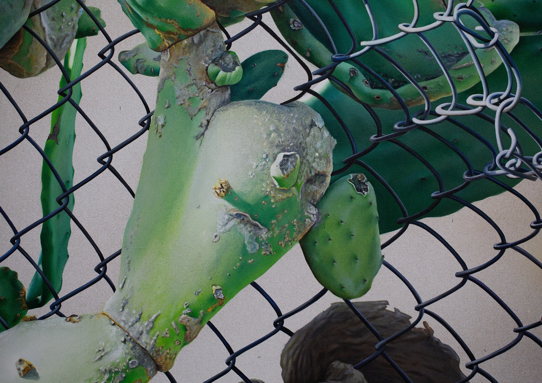 painting of a cactus growing through a fence