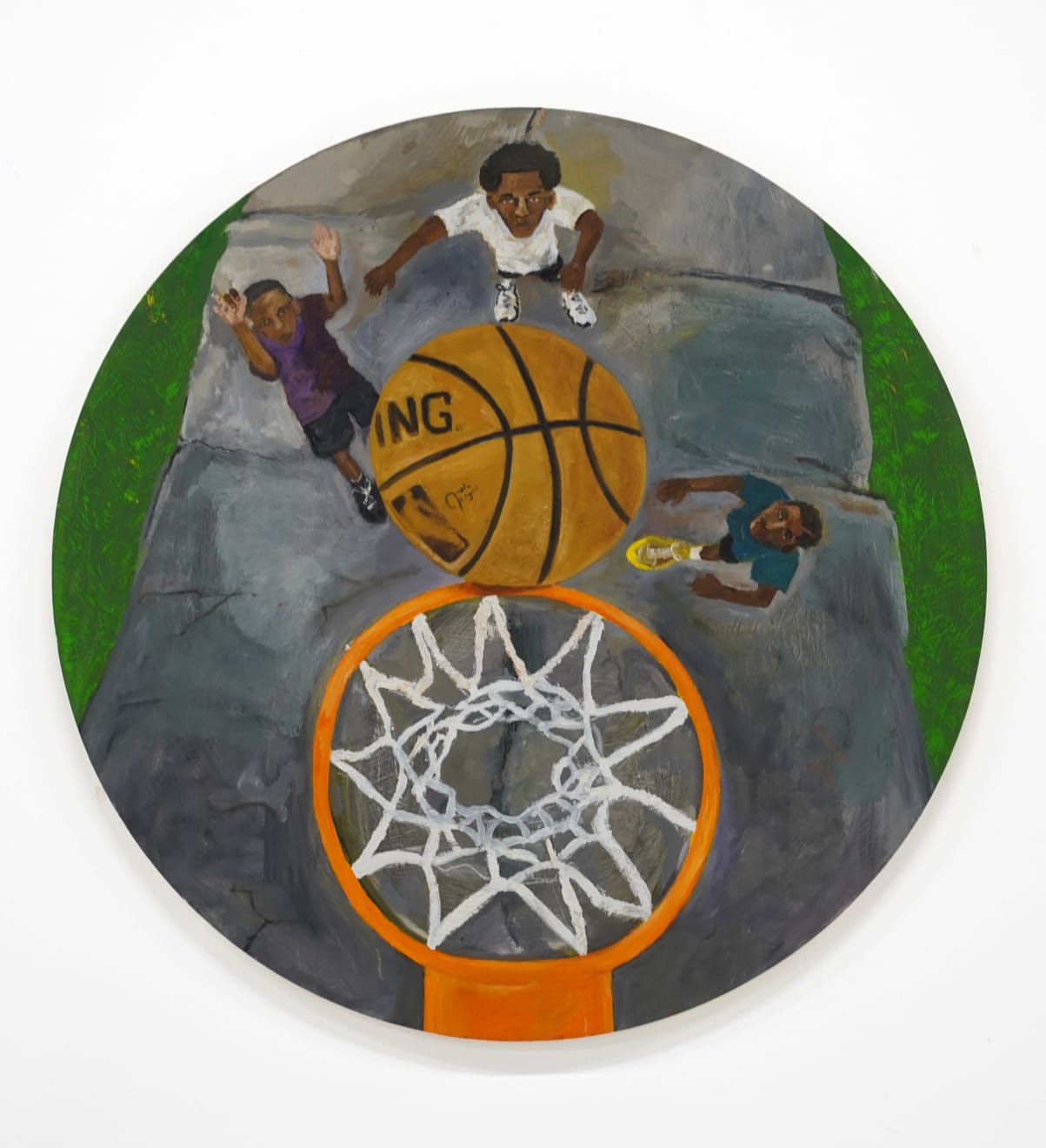 circular painting of 3 kids playing basketball by jonah elijah