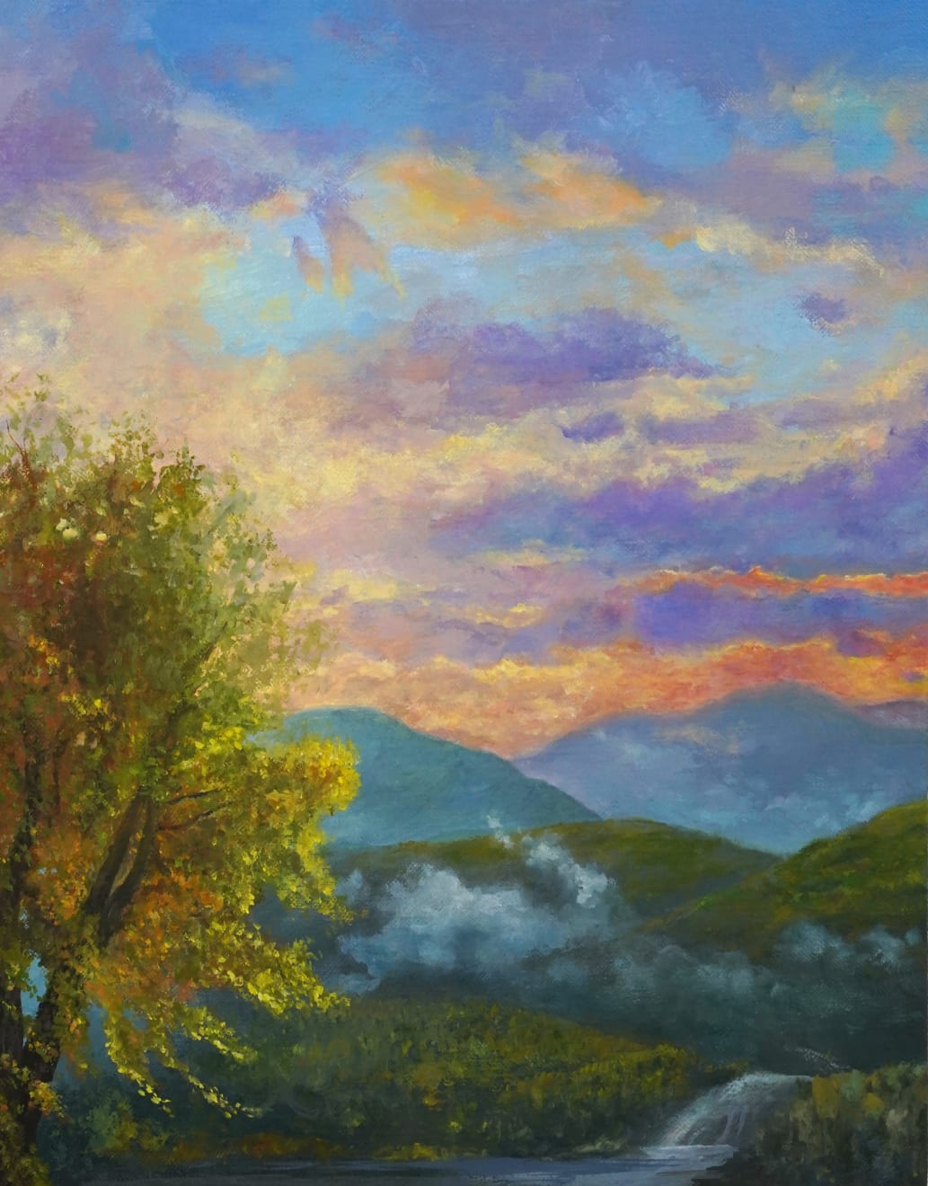 painting of a landscape with a cloudy sky