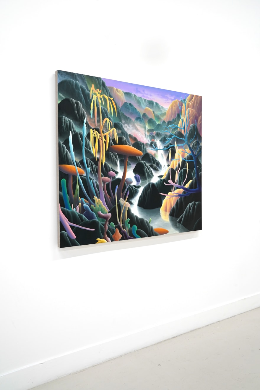 painting of a landscape with mushrooms and mountains