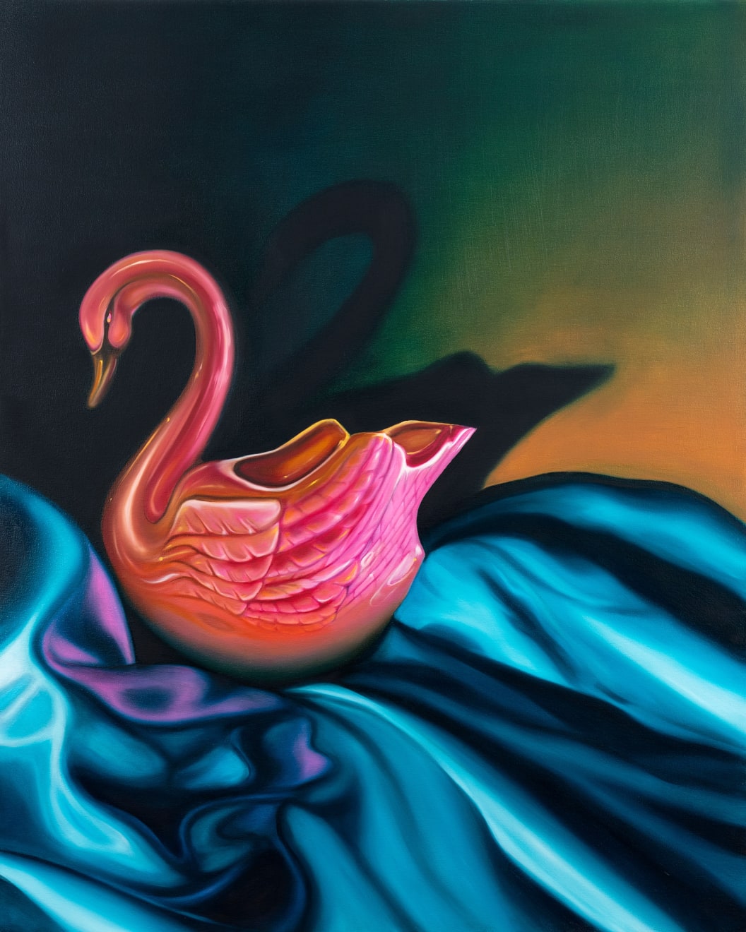 painting of a pink swan on blue fabric