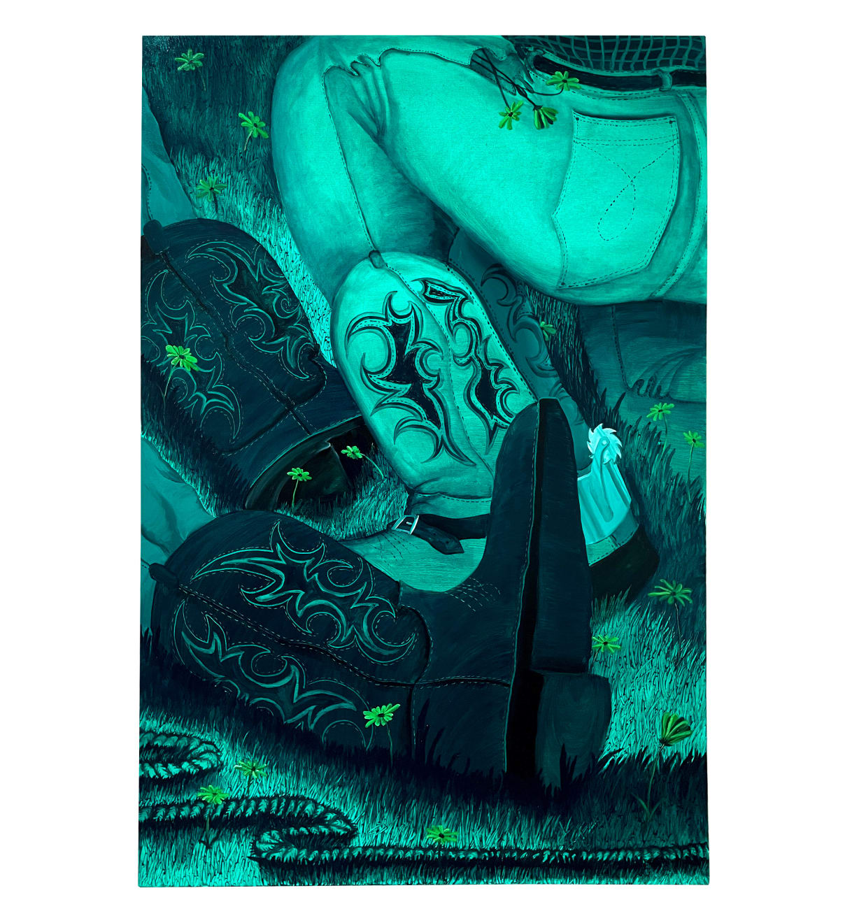 monochromatic green painting of legs with cowboy boots