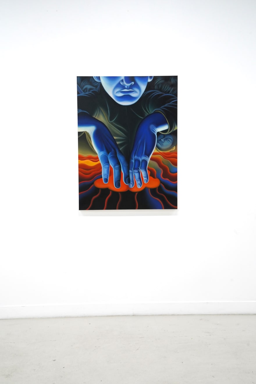 painting of a blue man stcking his hands into a volcano