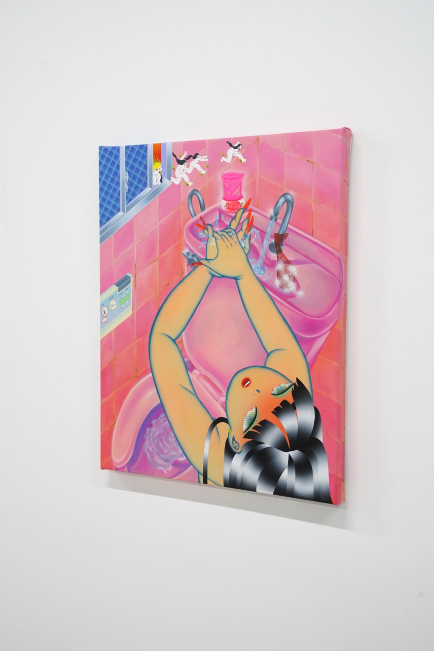 painting of a girl washing her hands in the sink of a pink bathroom