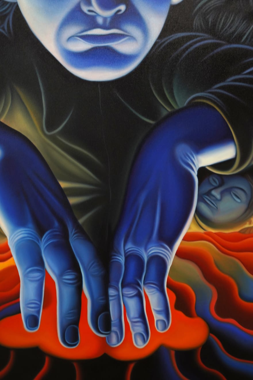 painting of a blue man stcking his hands into a volcano