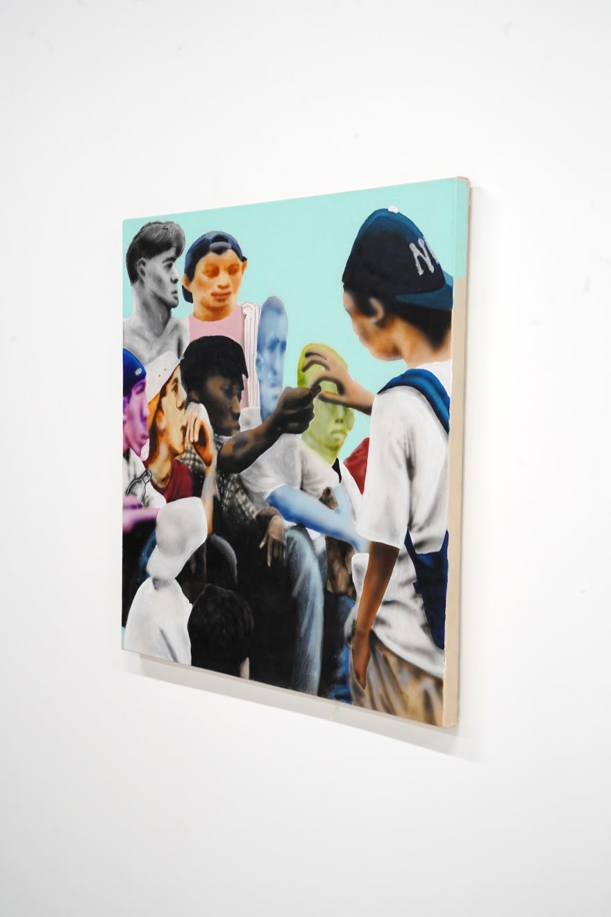 painting of kids hanging out and smoking by Landon pointer