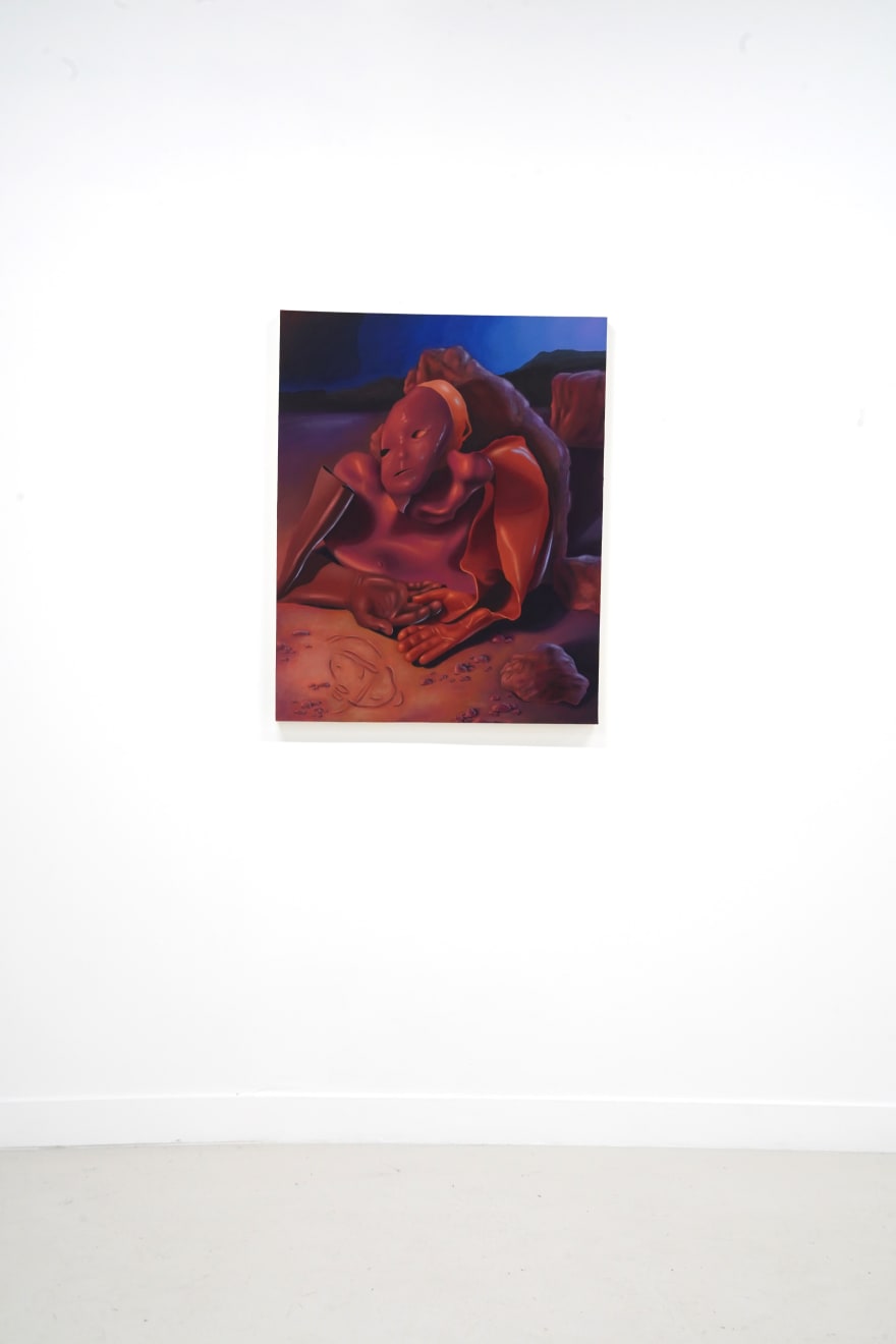 painting of a melting human form in monochromatic red and purple tones