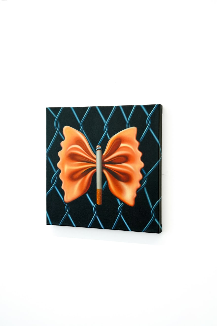 painting of a pasta bowtie with a cigarette in the middle