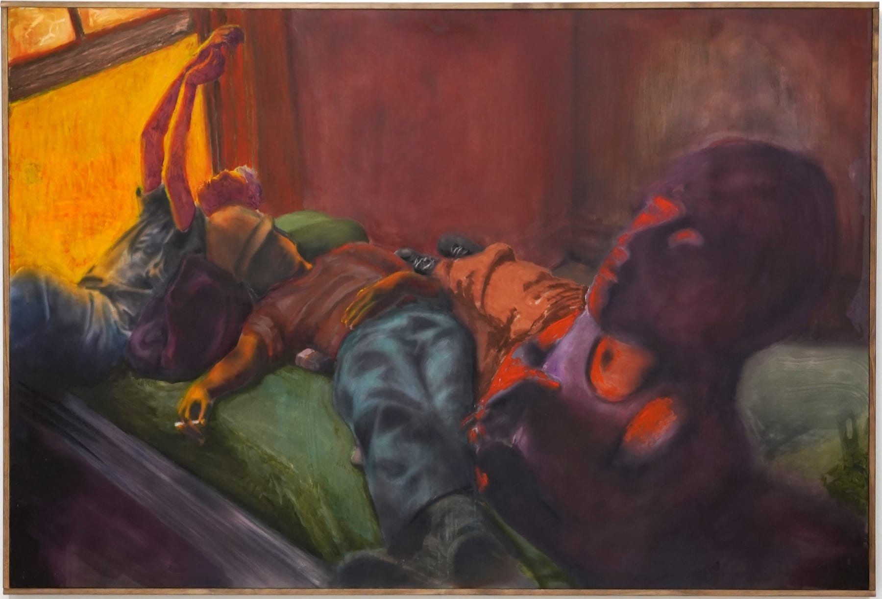 painting of 3 men lounging in bed
