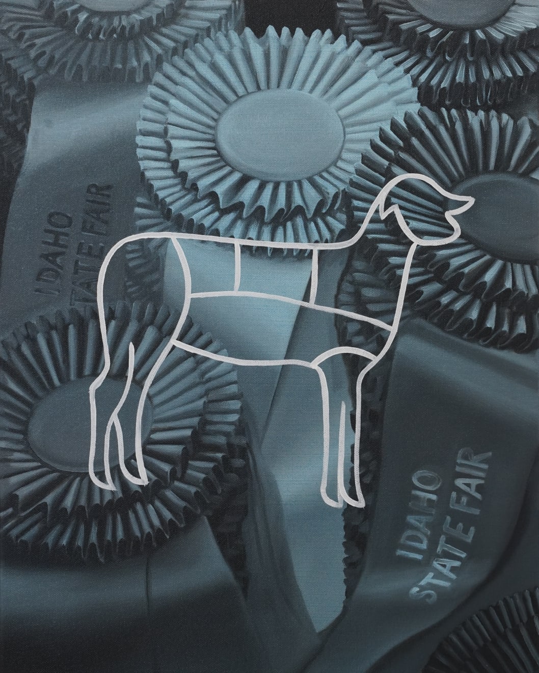 painting of an outline of a dog superimposed on winning dog show ribbons in blue