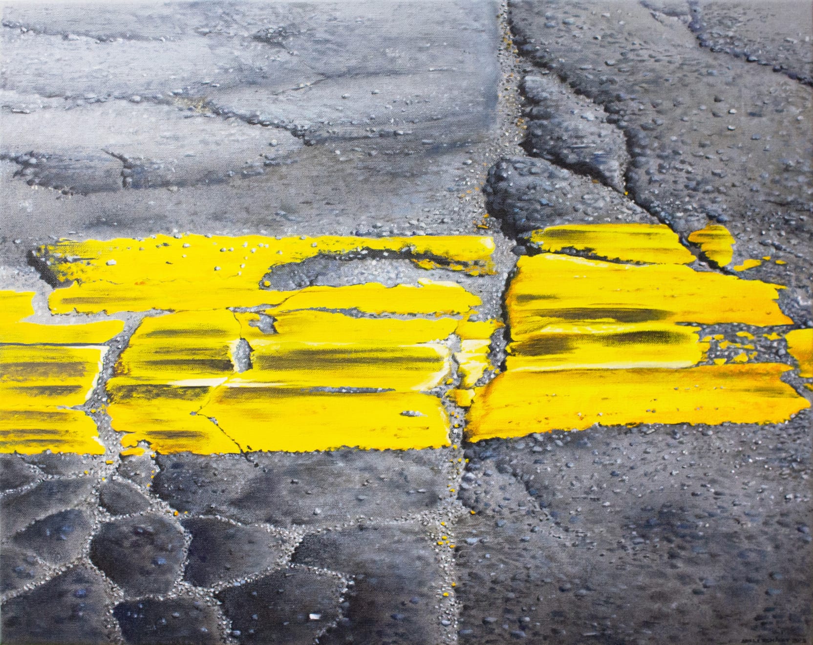 photorealistic painting of a street with yellow paint