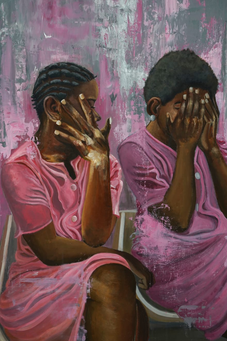 painting of 4 women in pink covering their faces