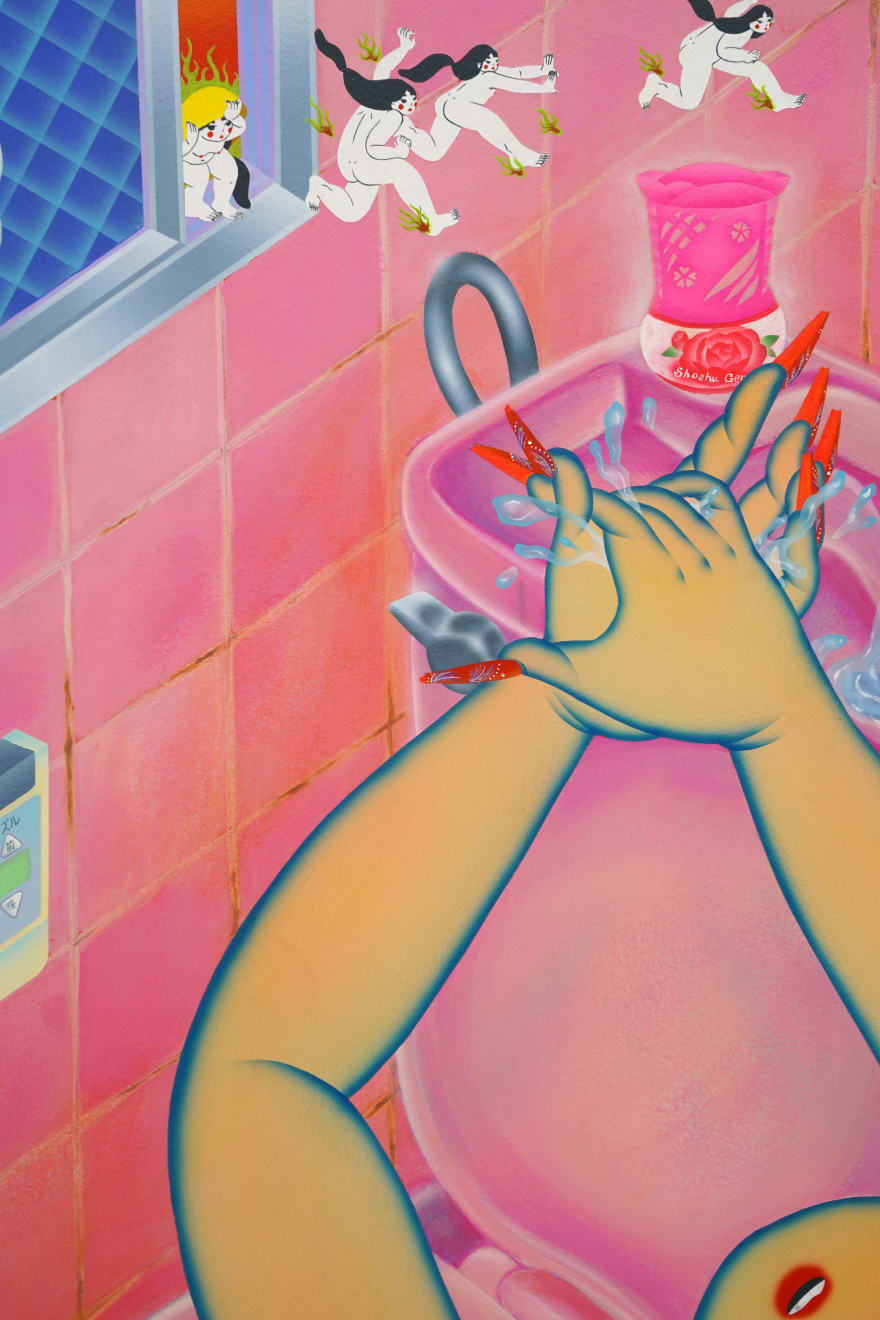 painting of a girl washing her hands in the sink of a pink bathroom