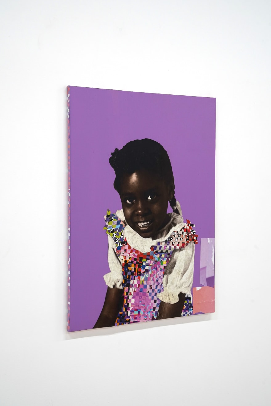 paper collage of a young child on a purple background