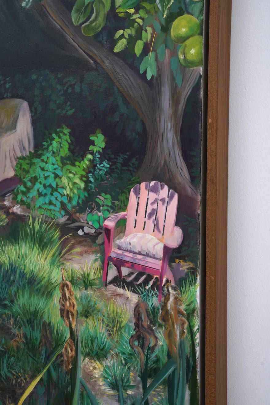 plein air painting of an overgrown backyard
