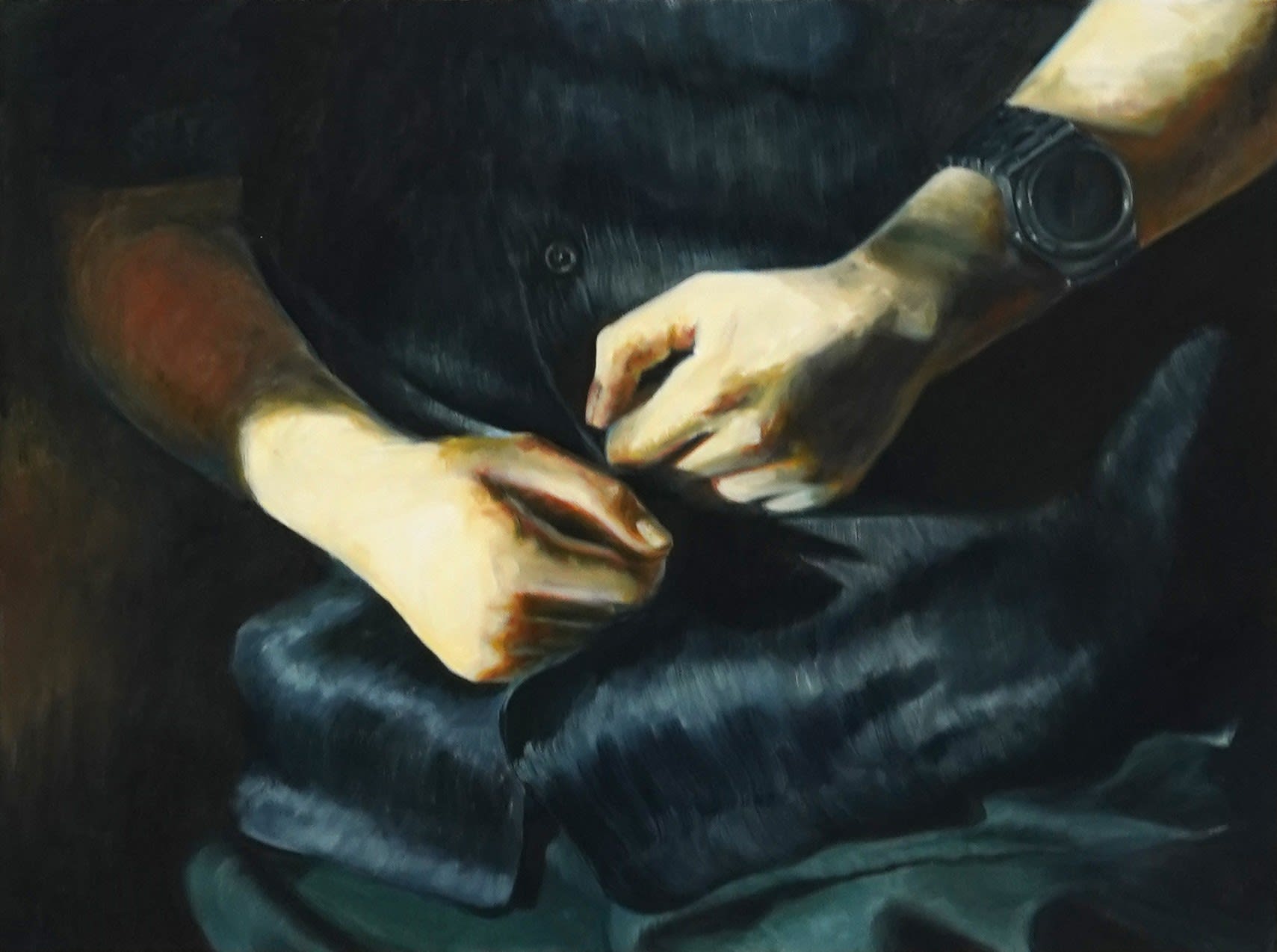 painting of hands sitting in a lap making fists
