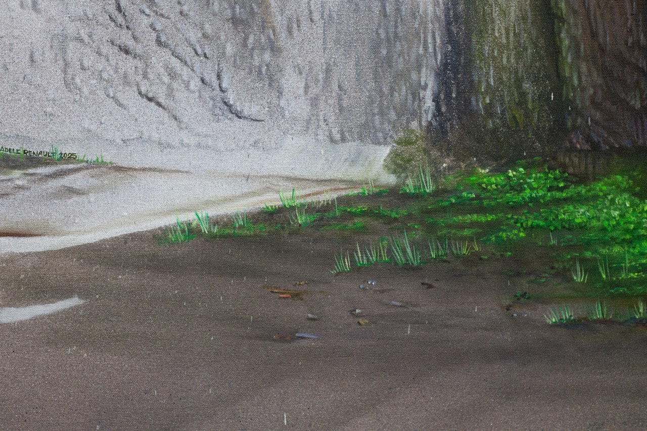 painting of a creek with moss growing around the cement