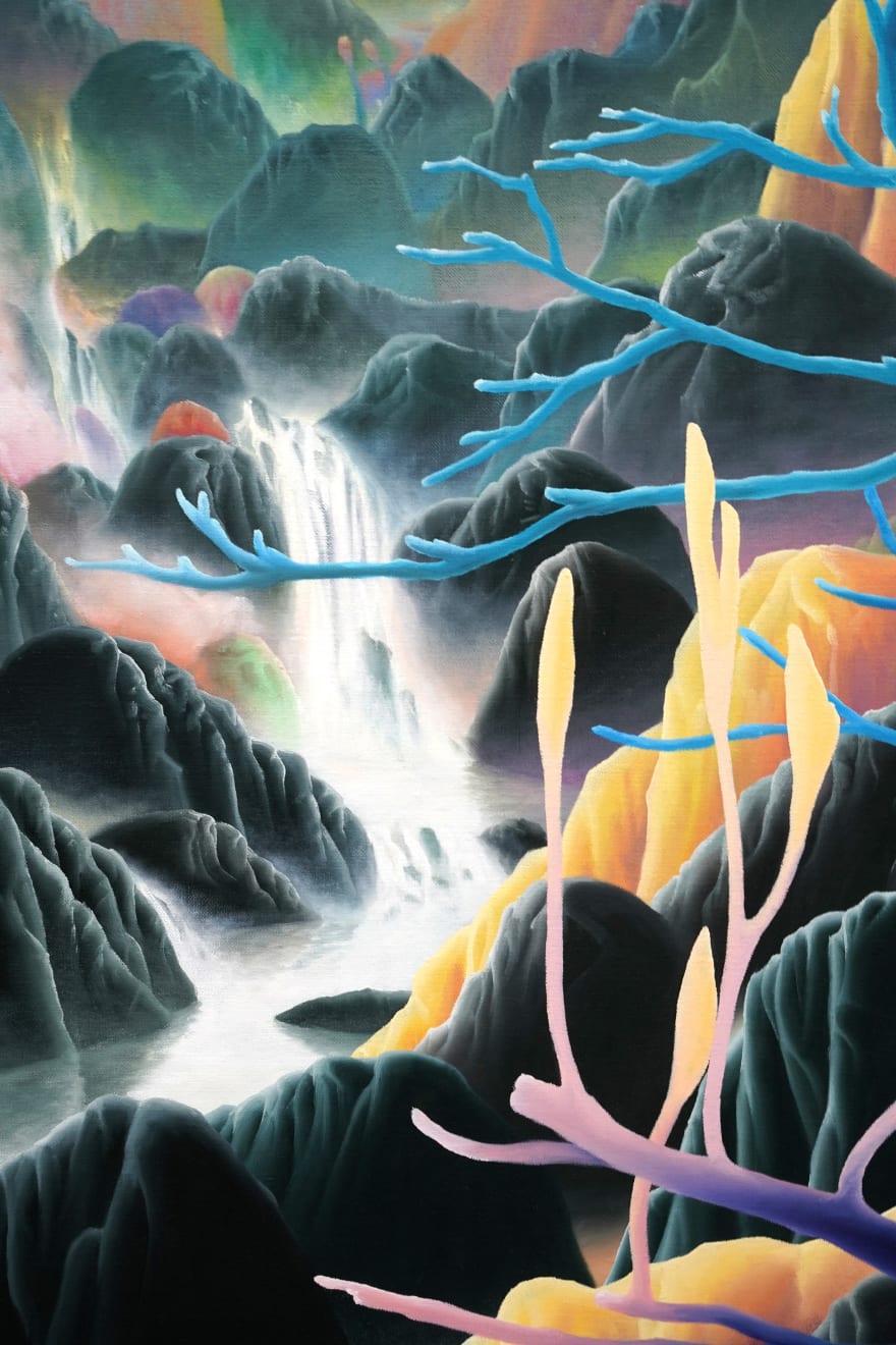 painting of a landscape with mushrooms and mountains