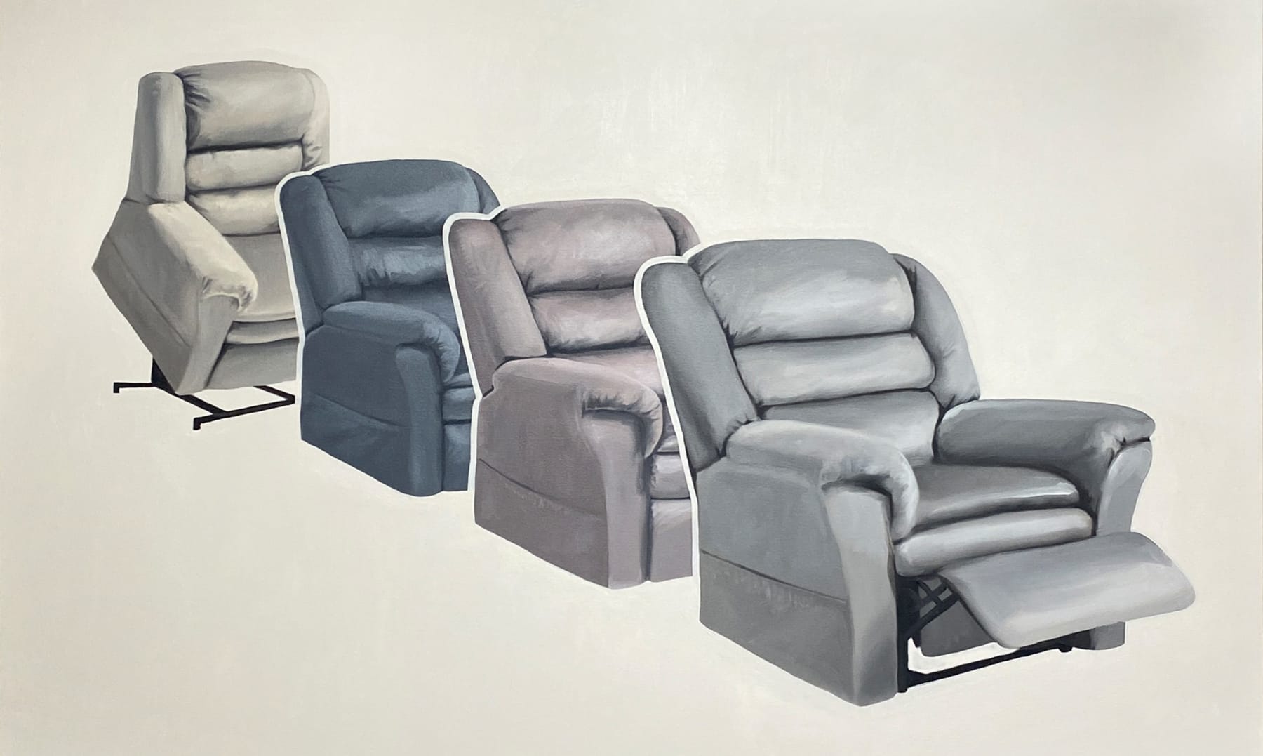 painting of a row of lazy boy armchairs on a cream colored background