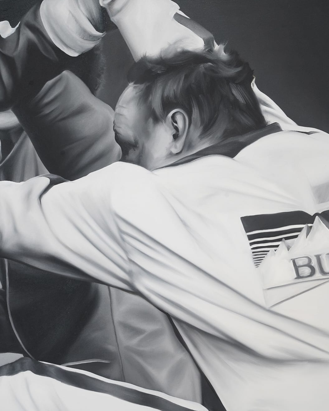 black and white painting of a winning race, people on top of eachother 'High Performance' in writing at the bottom