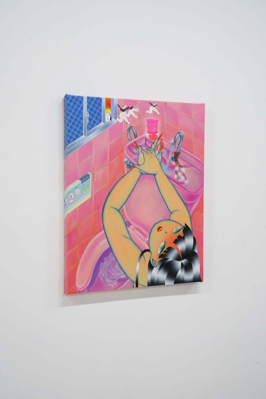painting of a girl washing her hands in the sink of a pink bathroom