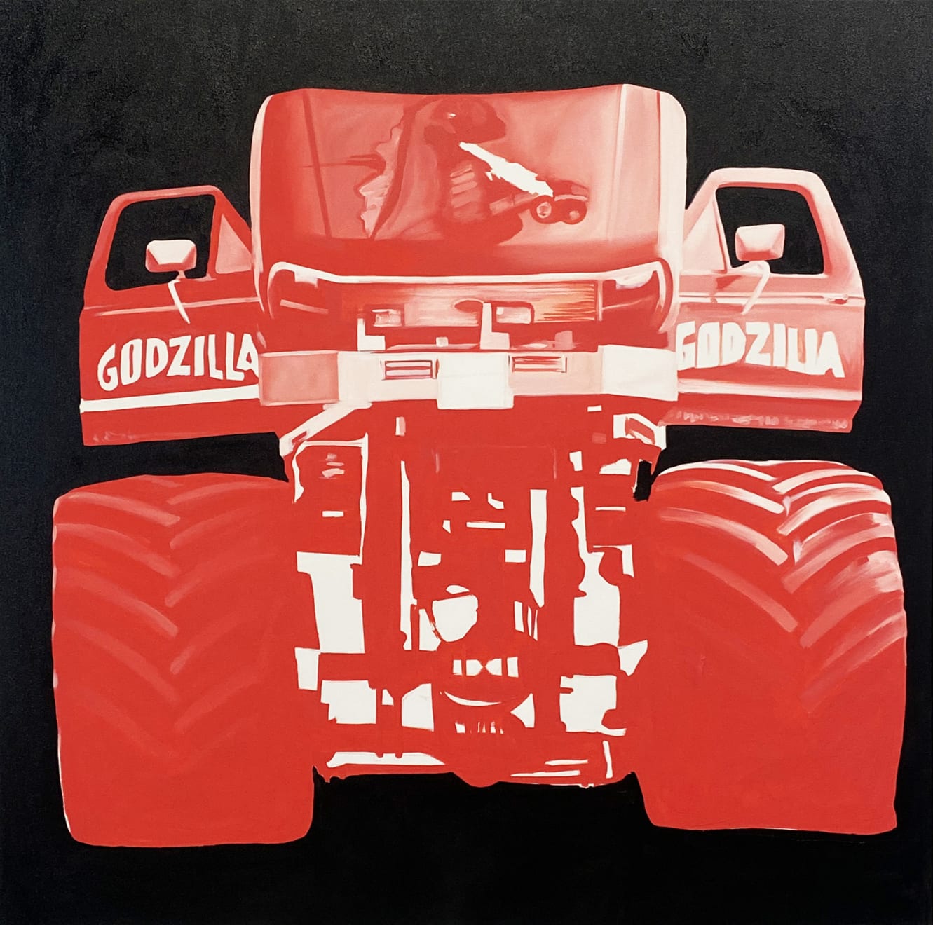painting of a red monster truck on a black background