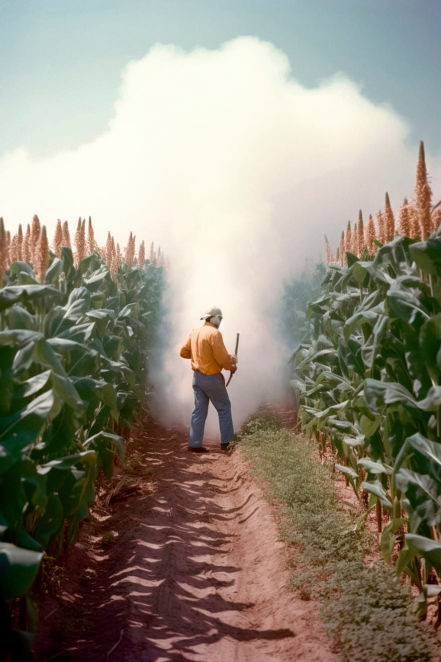 Bruce Eesly, A farmer sprays Kooma U18 crop protection agent, 1954, 2023