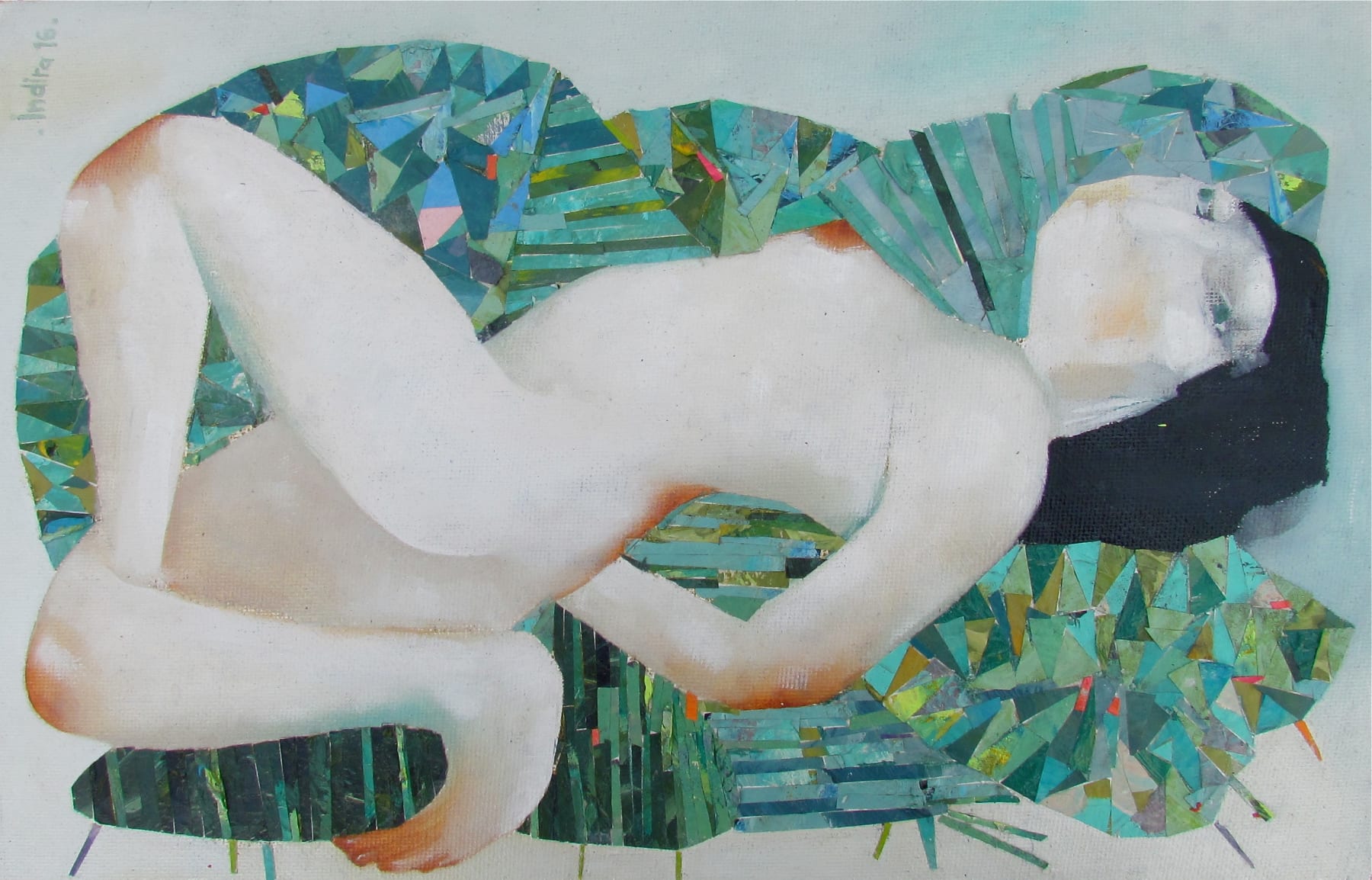 Indira Castellón, Desnudo con cojines verdes, 2016