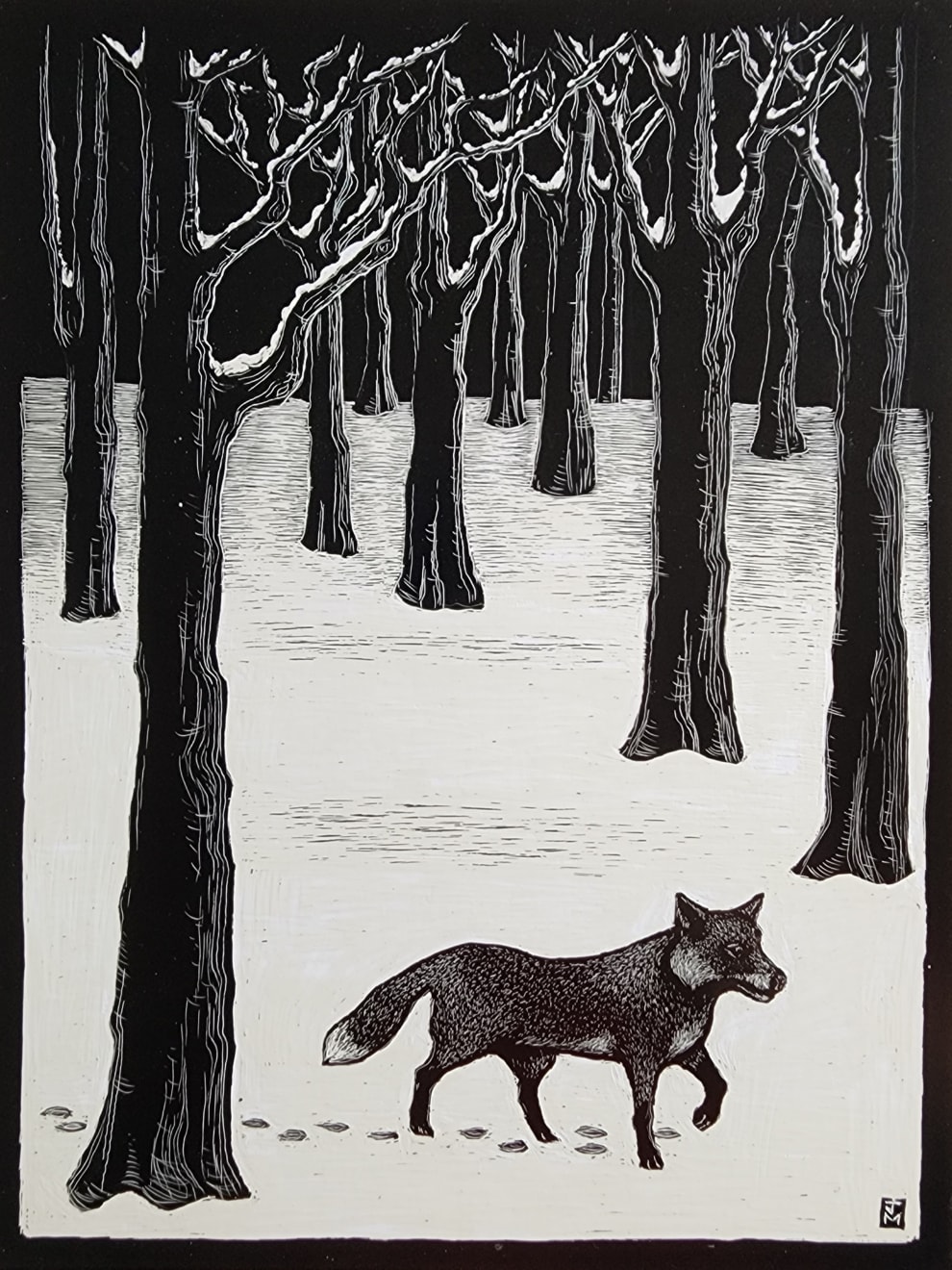 Joe Machine, Fox in Snowy Woodland, 2022