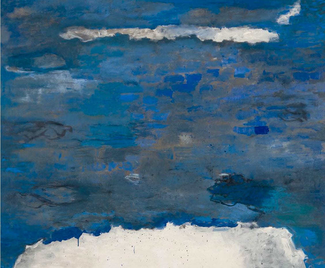 Glacial Drift by Leslie Allen, which is a large blue painting depicting water