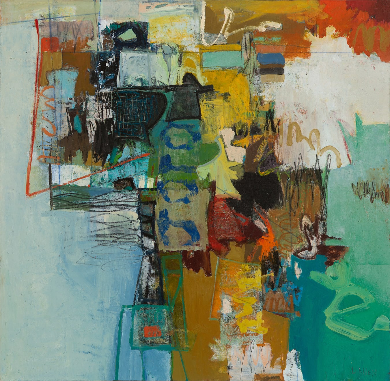 Julep at Sunset by Leslie Allen, abstract painting with orange and teal
