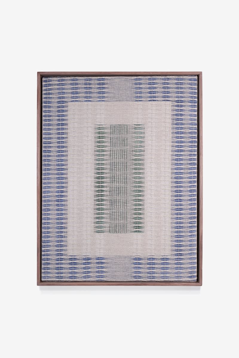 Indigo and Juniper III, 2023, Hand-woven linen, natural dyes, acrylic paint, solid walnut frame