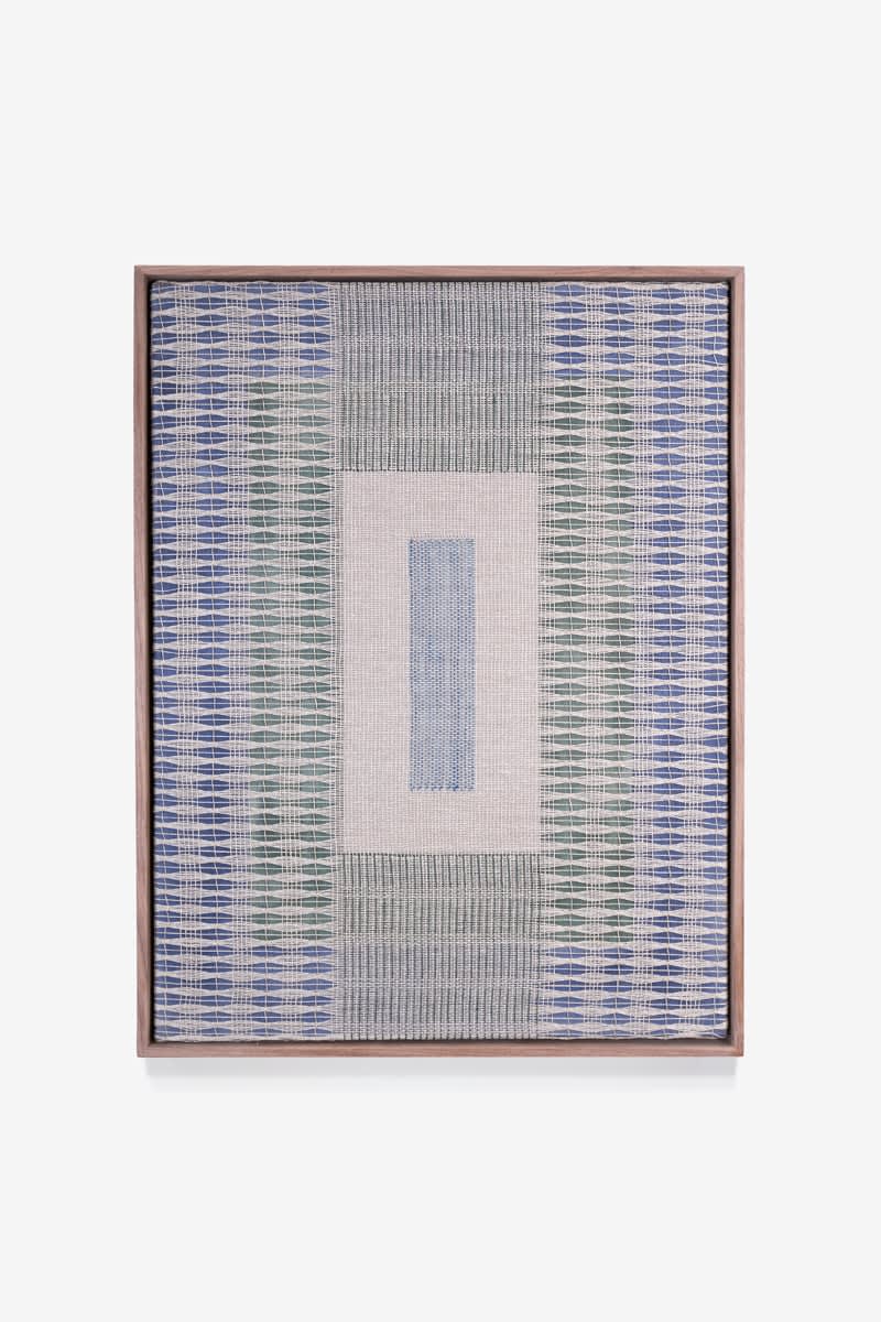 ndigo and Juniper I, 2023, Hand-woven linen, natural dyes, acrylic paint, solid walnut frame