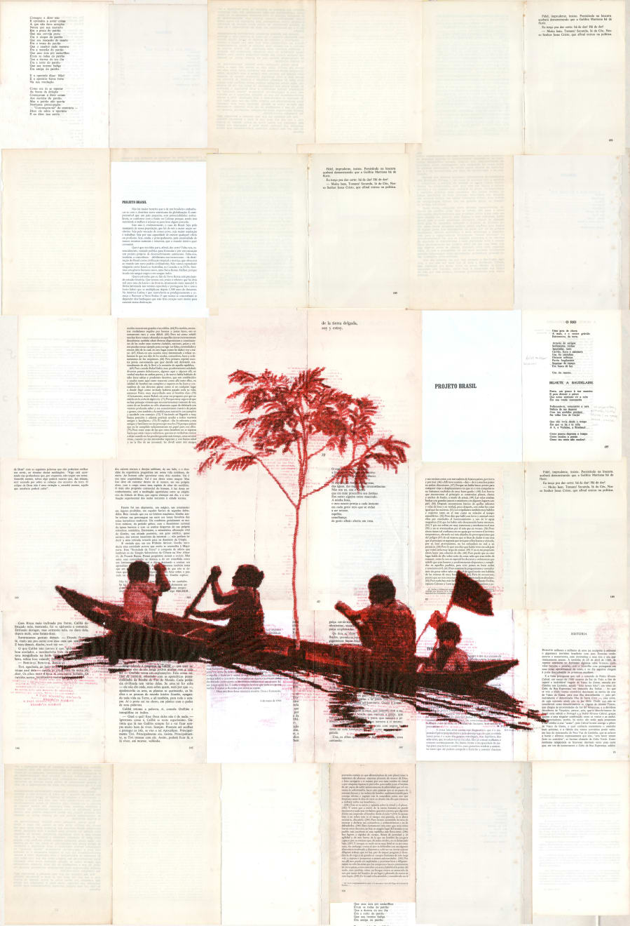 Hal Wildson, Araguaia Uprising, from the Original Utopia Series, 2023 Typing and and stamp on book fragments: Utopia Selvagem, Brasil País do Futuro and others), 2023