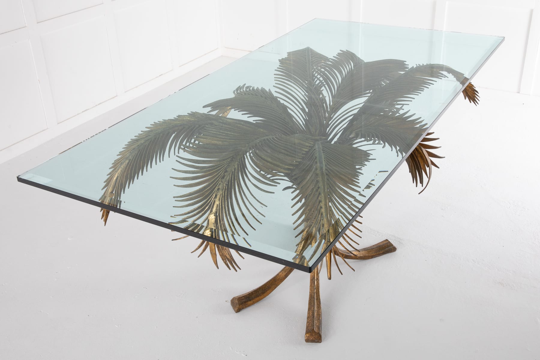 SOLD, Hand Forged Metalwork and Gilt Palm Glass Top Table